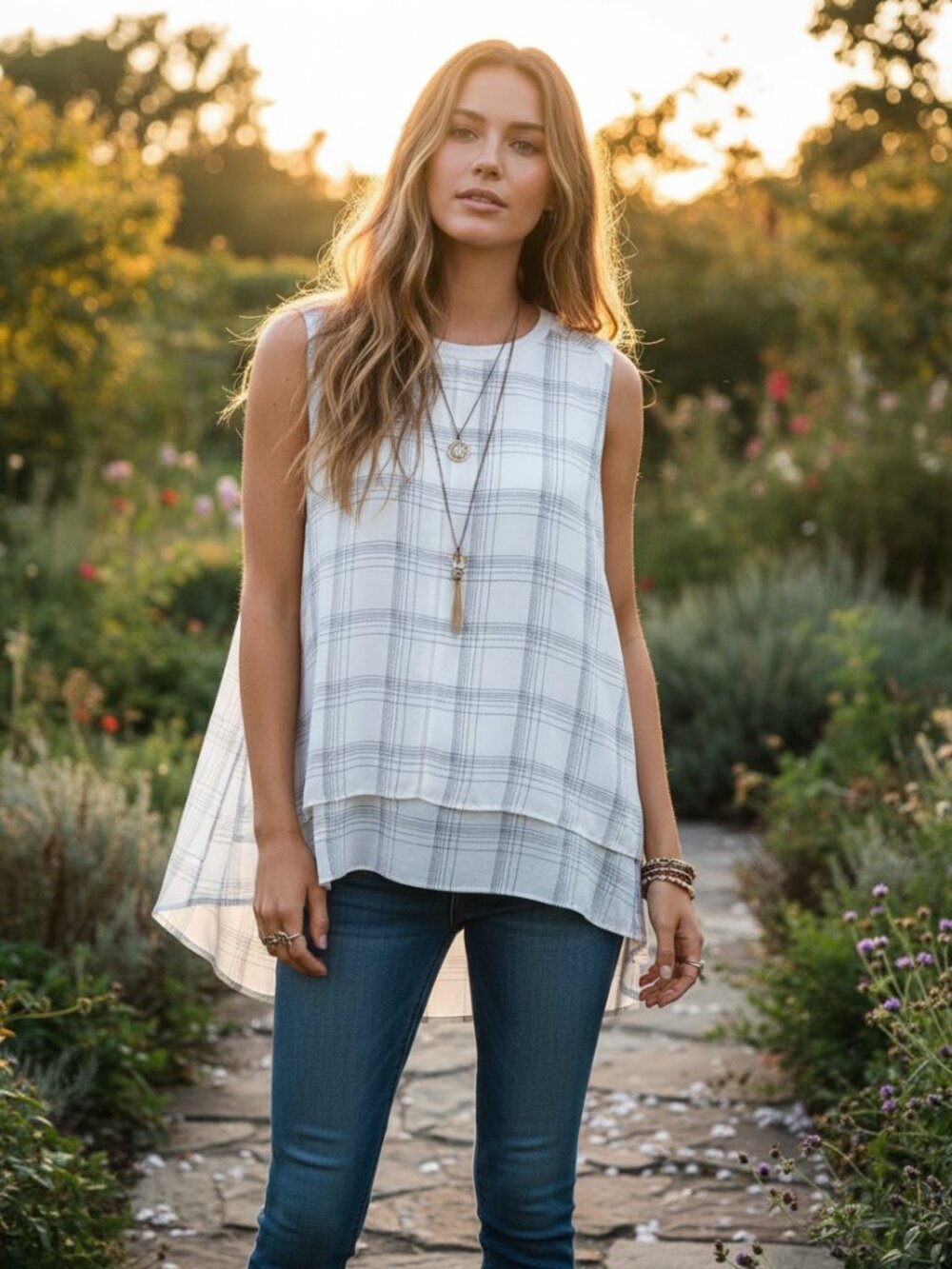Loft S Cream Black Plaid Layered Sleeveless Top Boho Flowy Neutral Office Chic